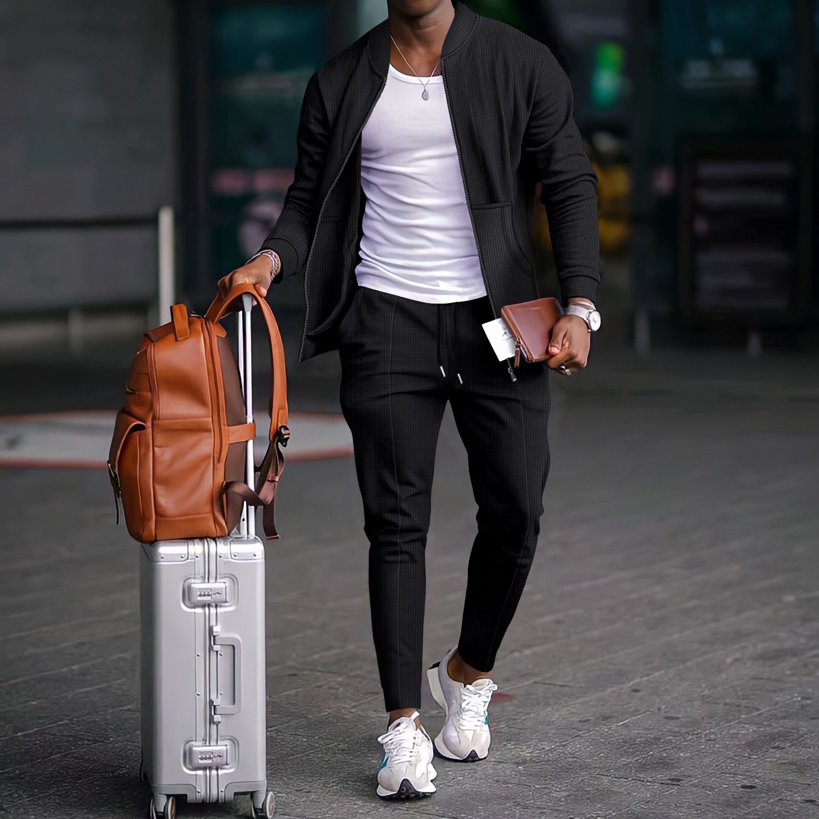 New men's two-piece long sleeve collar zipper cardigan jacket casual trousers men's suit is suitable for daily leisure commuting outdoor sports wear.