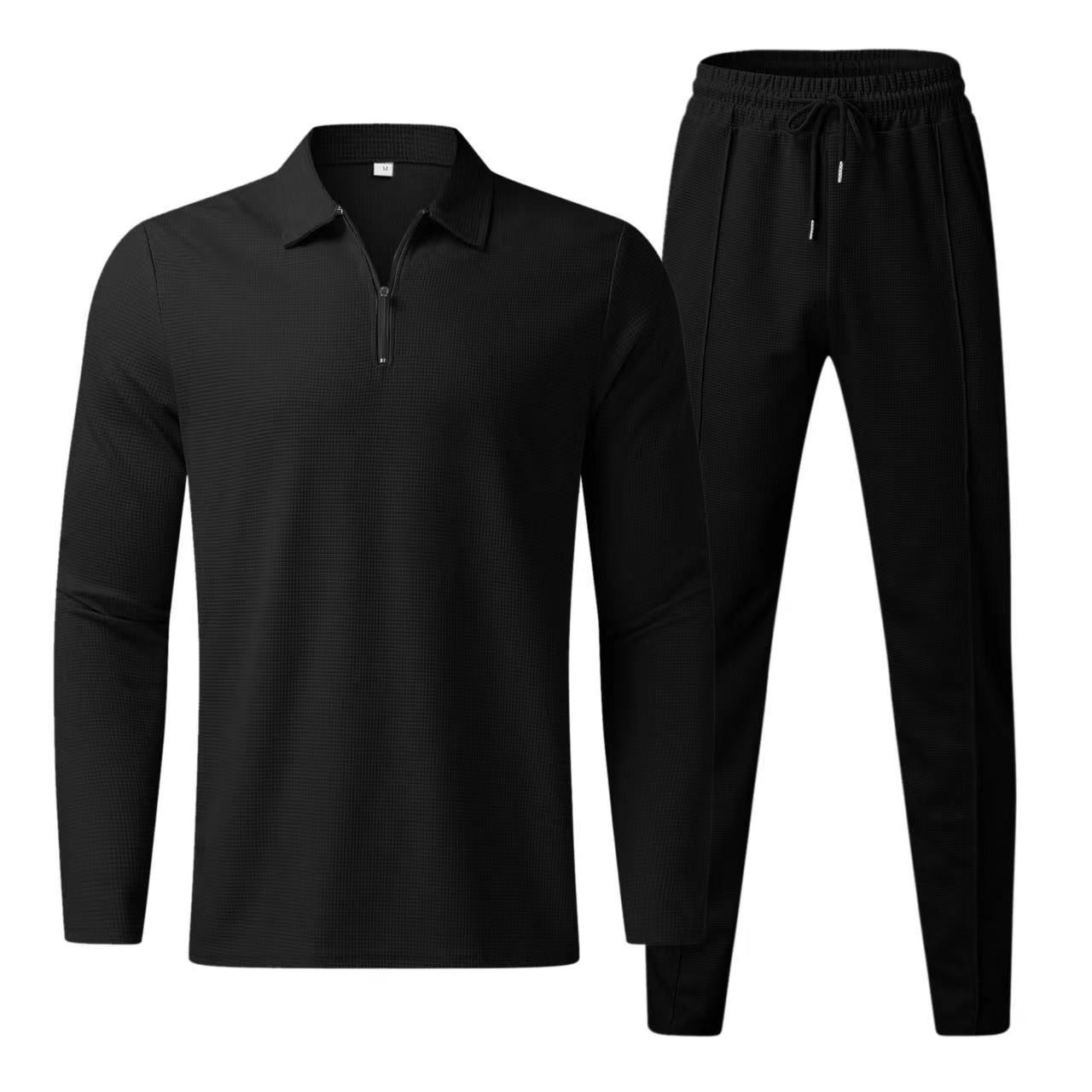 New men's two-piece solid color long sleeve lapel zipper polo shirt casual trousers men's suit is suitable for daily leisure commuting outdoor sports wear.