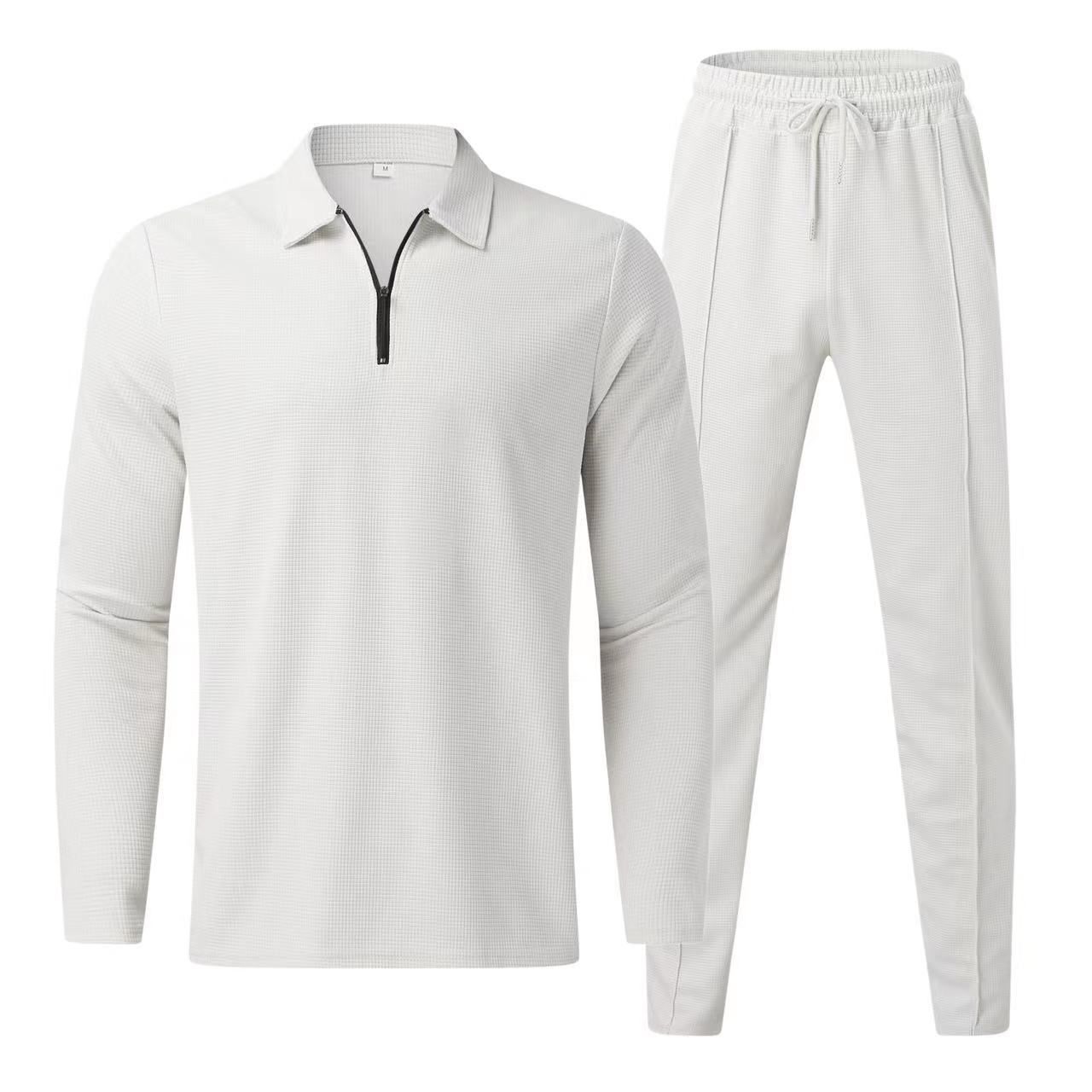 New men's two-piece solid color long sleeve lapel zipper polo shirt casual trousers men's suit is suitable for daily leisure commuting outdoor sports wear.