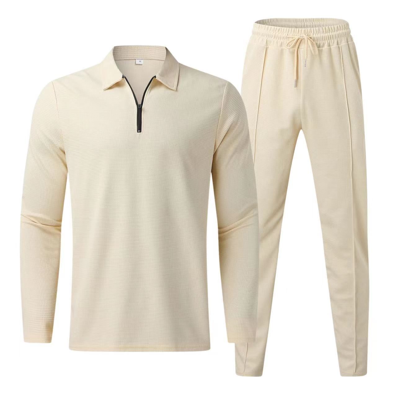 New men's two-piece solid color long sleeve lapel zipper polo shirt casual trousers men's suit is suitable for daily leisure commuting outdoor sports wear.