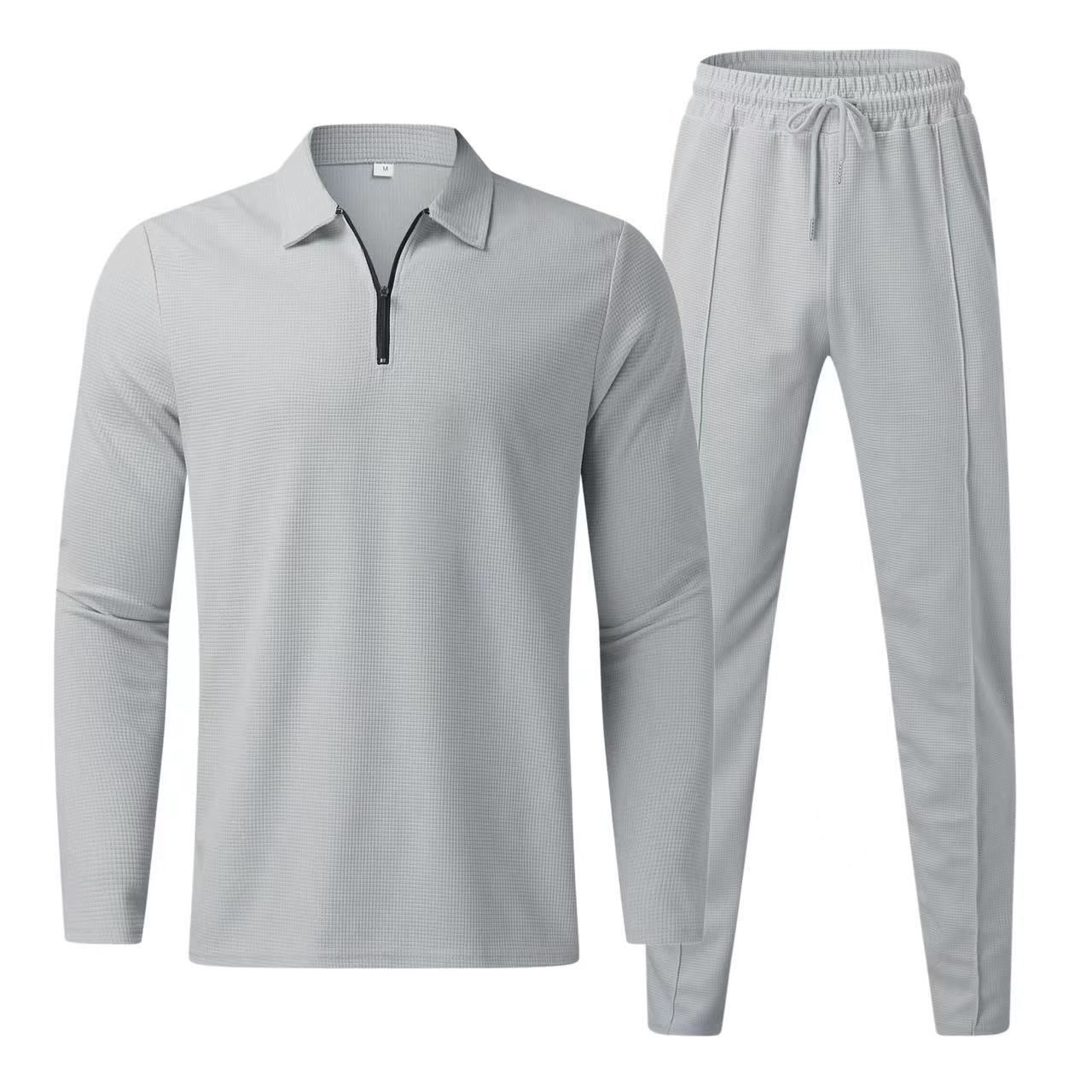 New men's two-piece solid color long sleeve lapel zipper polo shirt casual trousers men's suit is suitable for daily leisure commuting outdoor sports wear.
