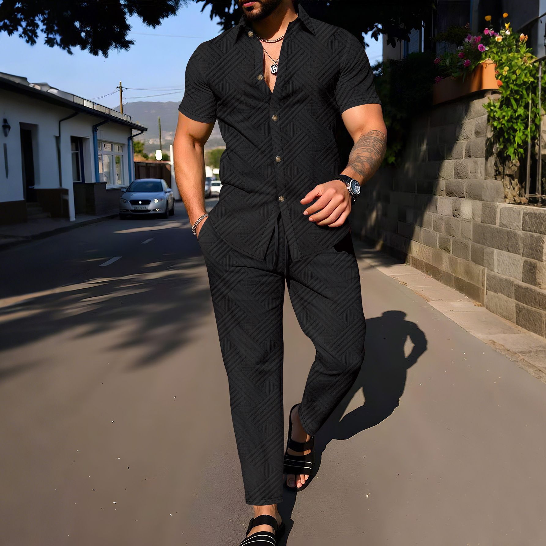 New men's two-piece suit solid color short-sleeved button-down shirt jacket casual trousers men's suit is suitable for daily leisure commuting outdoor sports wear.