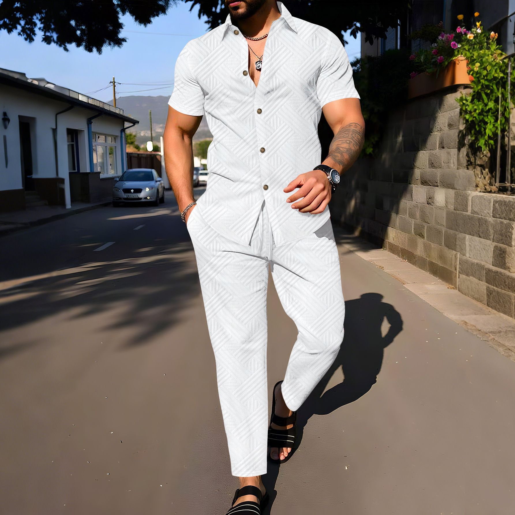 New men's two-piece suit solid color short-sleeved button-down shirt jacket casual trousers men's suit is suitable for daily leisure commuting outdoor sports wear.