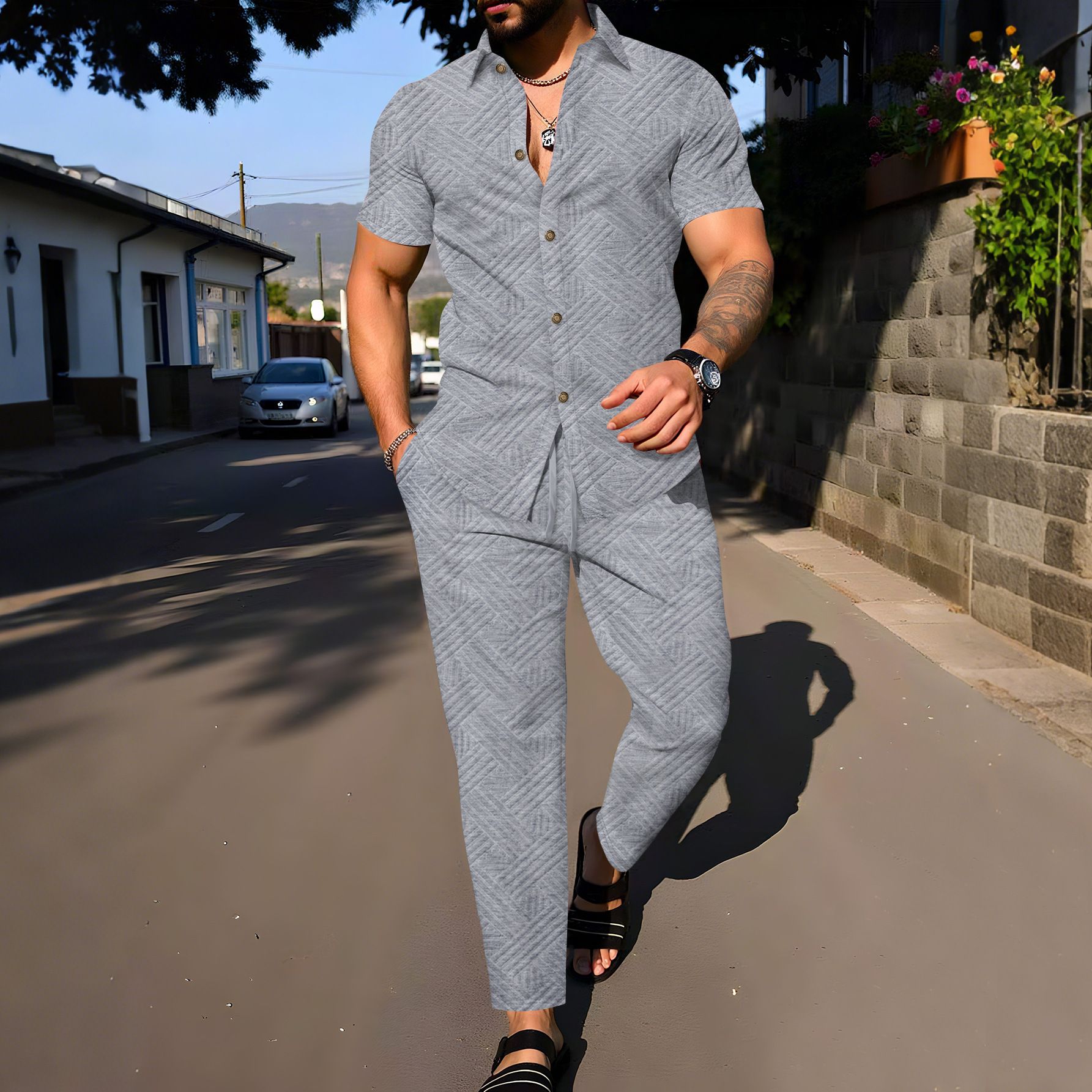 New men's two-piece suit solid color short-sleeved button-down shirt jacket casual trousers men's suit is suitable for daily leisure commuting outdoor sports wear.