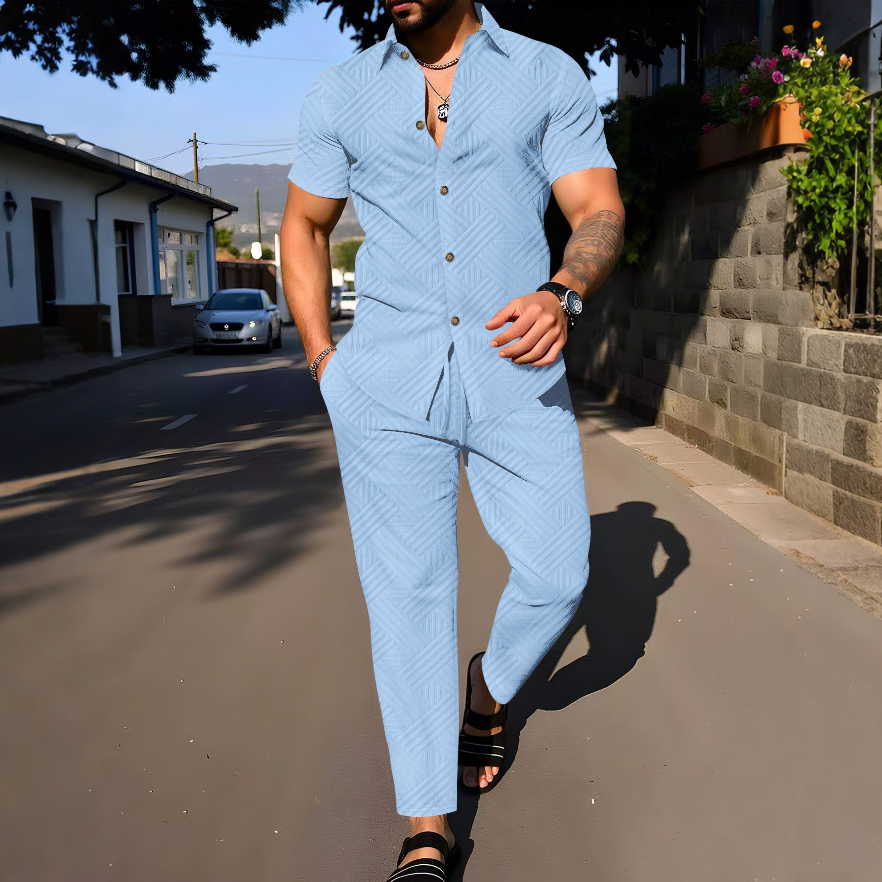New men's two-piece suit solid color short-sleeved button-down shirt jacket casual trousers men's suit is suitable for daily leisure commuting outdoor sports wear.