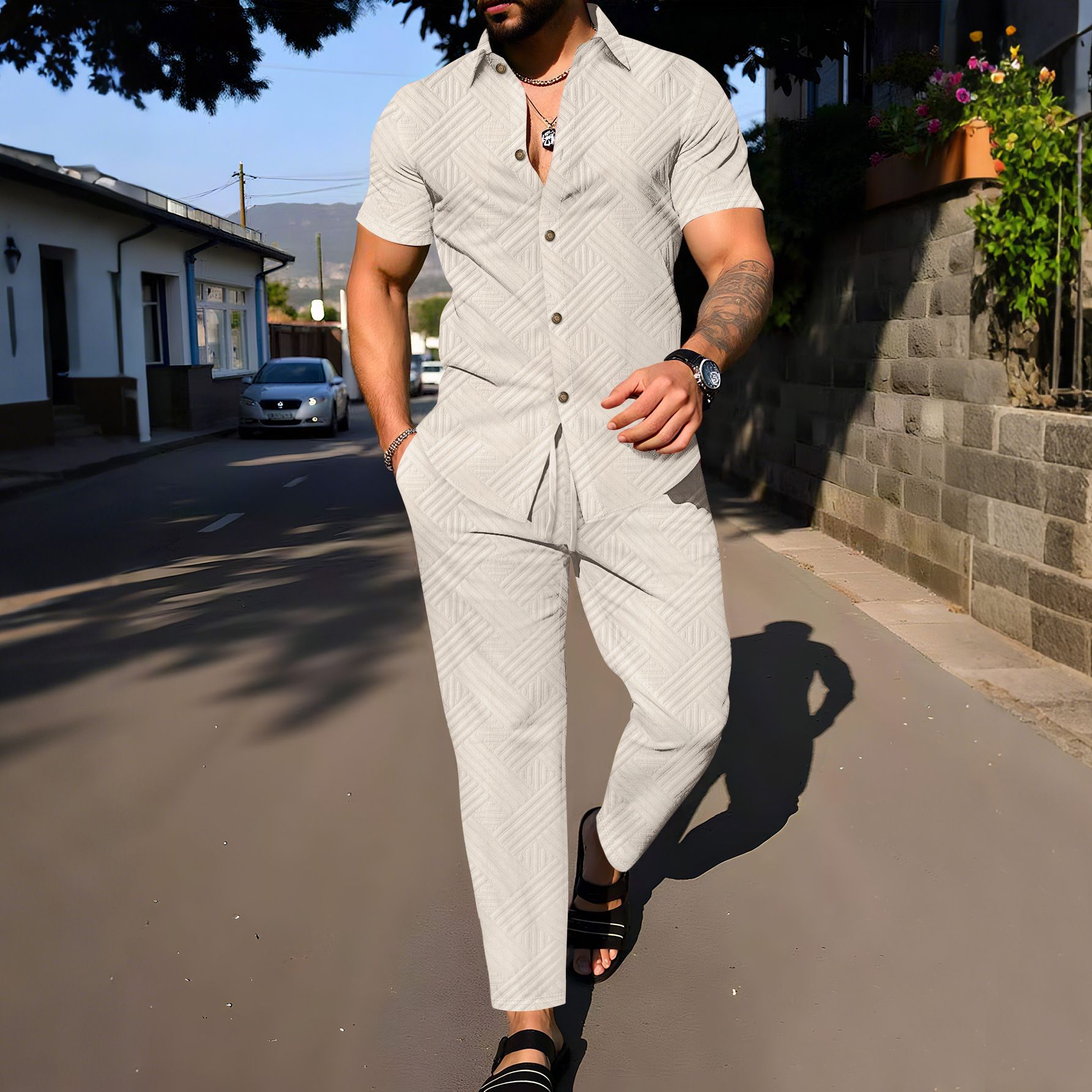 New men's two-piece suit solid color short-sleeved button-down shirt jacket casual trousers men's suit is suitable for daily leisure commuting outdoor sports wear.