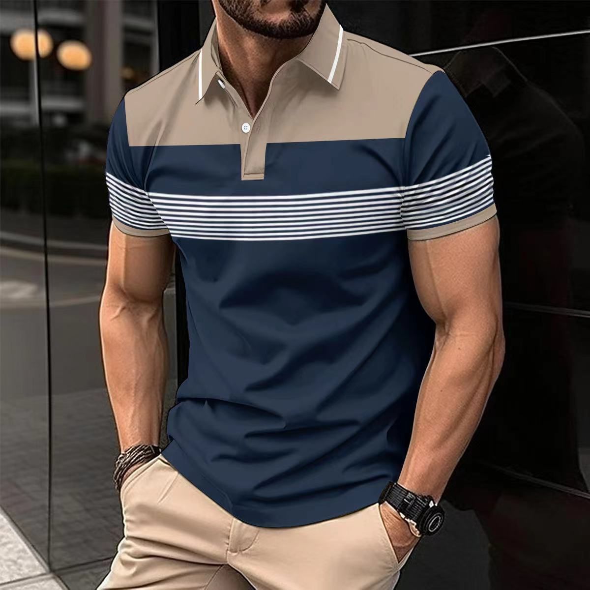 Summer new men's short-sleeved T-shirt lapel button color matching leisure polo shirt is suitable for daily leisure commuting outdoor sports wear.
