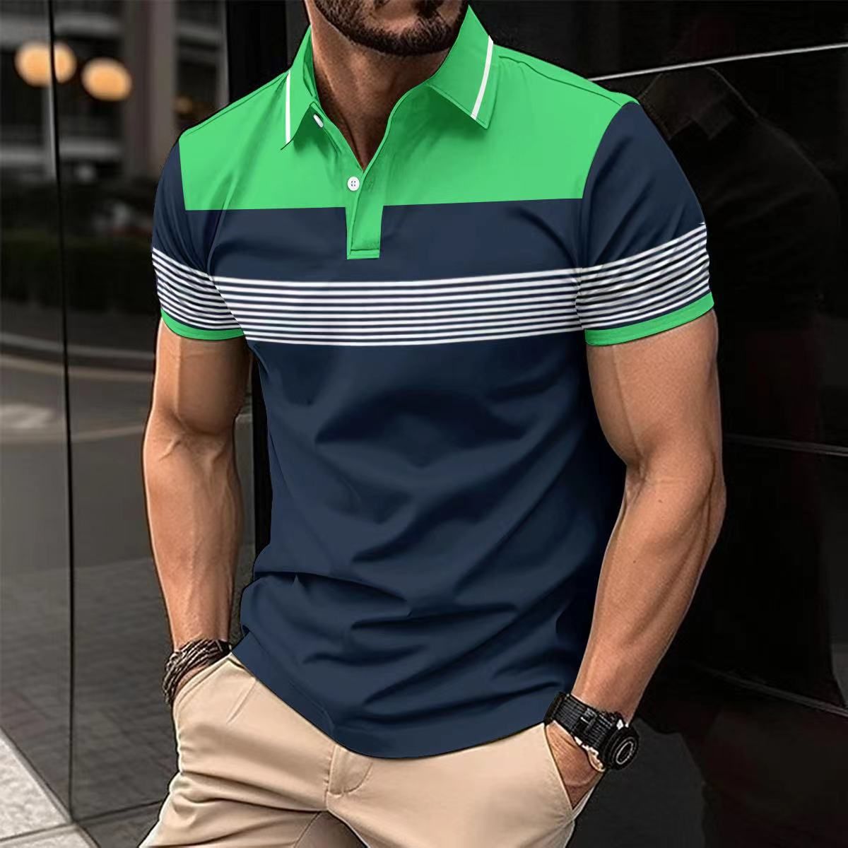Summer new men's short-sleeved T-shirt lapel button color matching leisure polo shirt is suitable for daily leisure commuting outdoor sports wear.