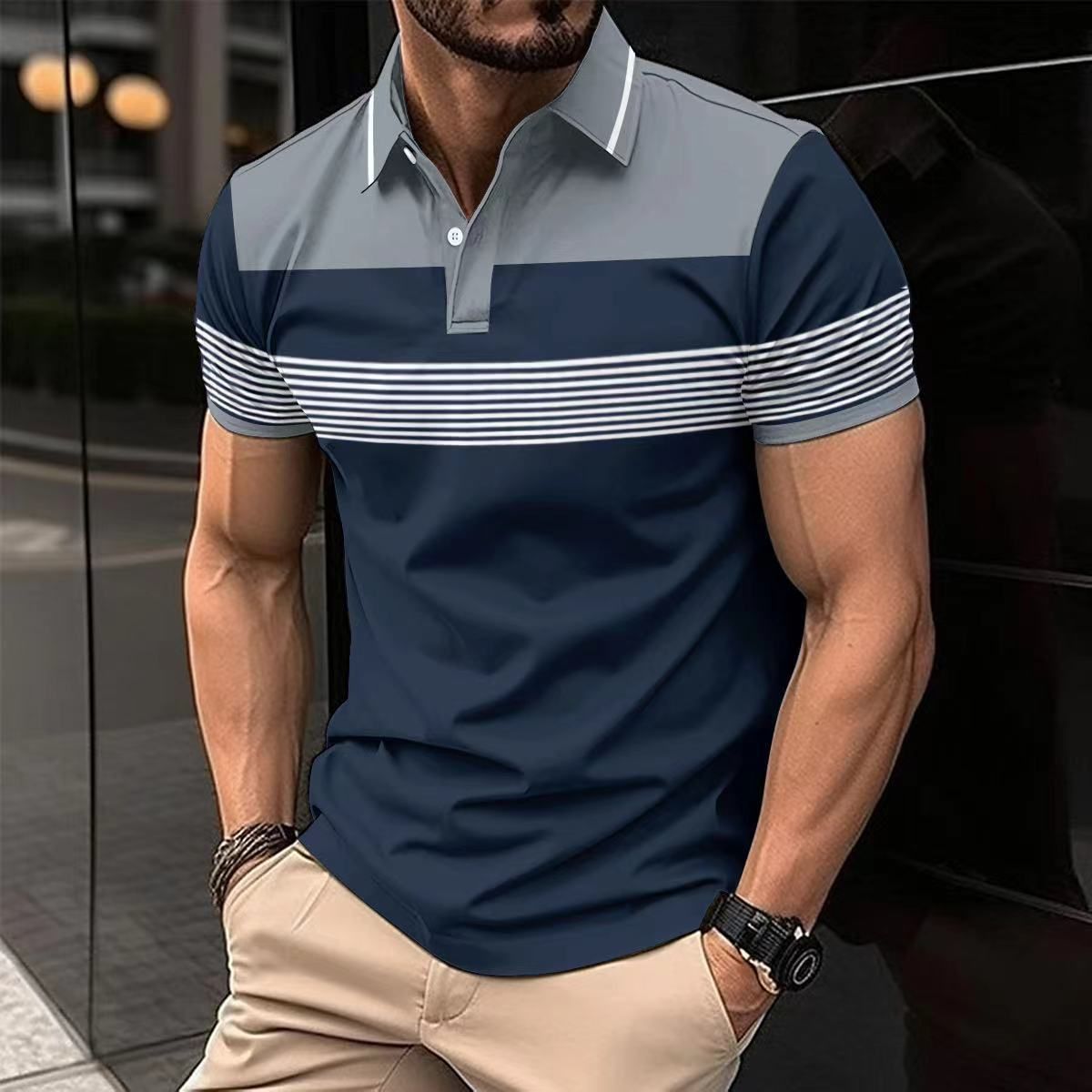 Summer new men's short-sleeved T-shirt lapel button color matching leisure polo shirt is suitable for daily leisure commuting outdoor sports wear.