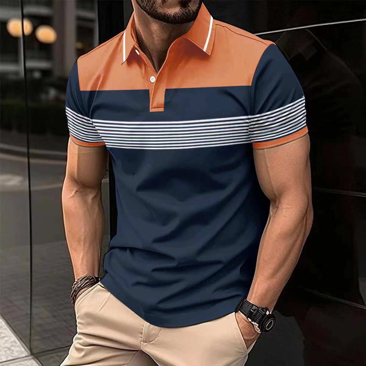 Summer new men's short-sleeved T-shirt lapel button color matching leisure polo shirt is suitable for daily leisure commuting outdoor sports wear.