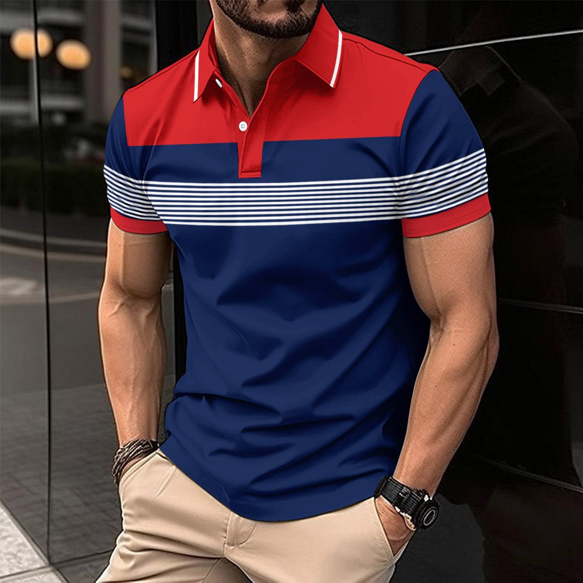 Summer new men's short-sleeved T-shirt lapel button color matching leisure polo shirt is suitable for daily leisure commuting outdoor sports wear.