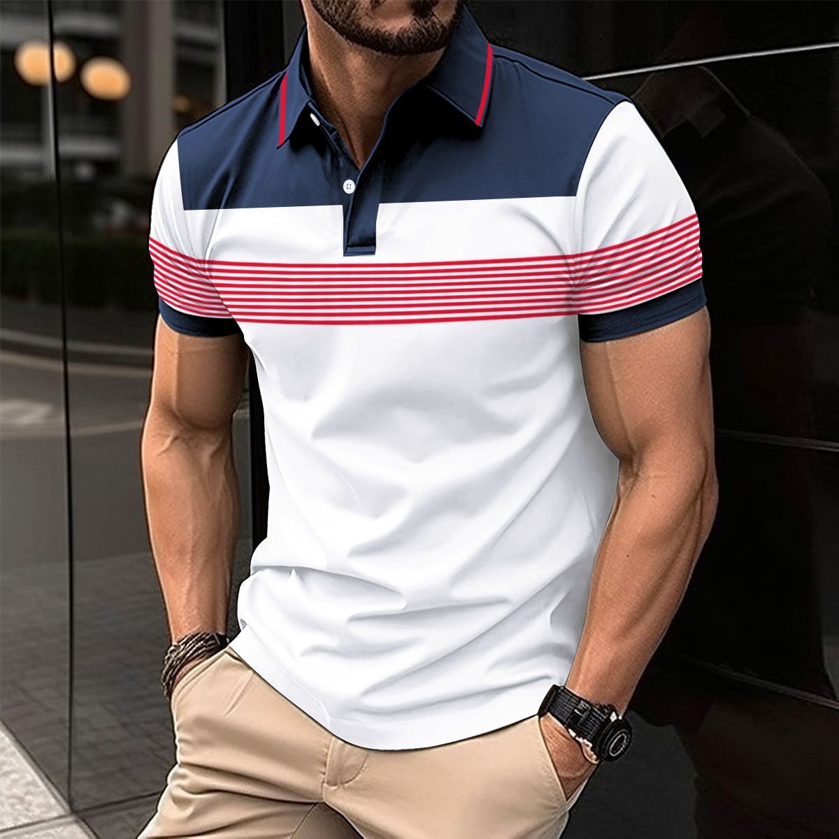 Summer new men's short-sleeved T-shirt lapel button color matching leisure polo shirt is suitable for daily leisure commuting outdoor sports wear.
