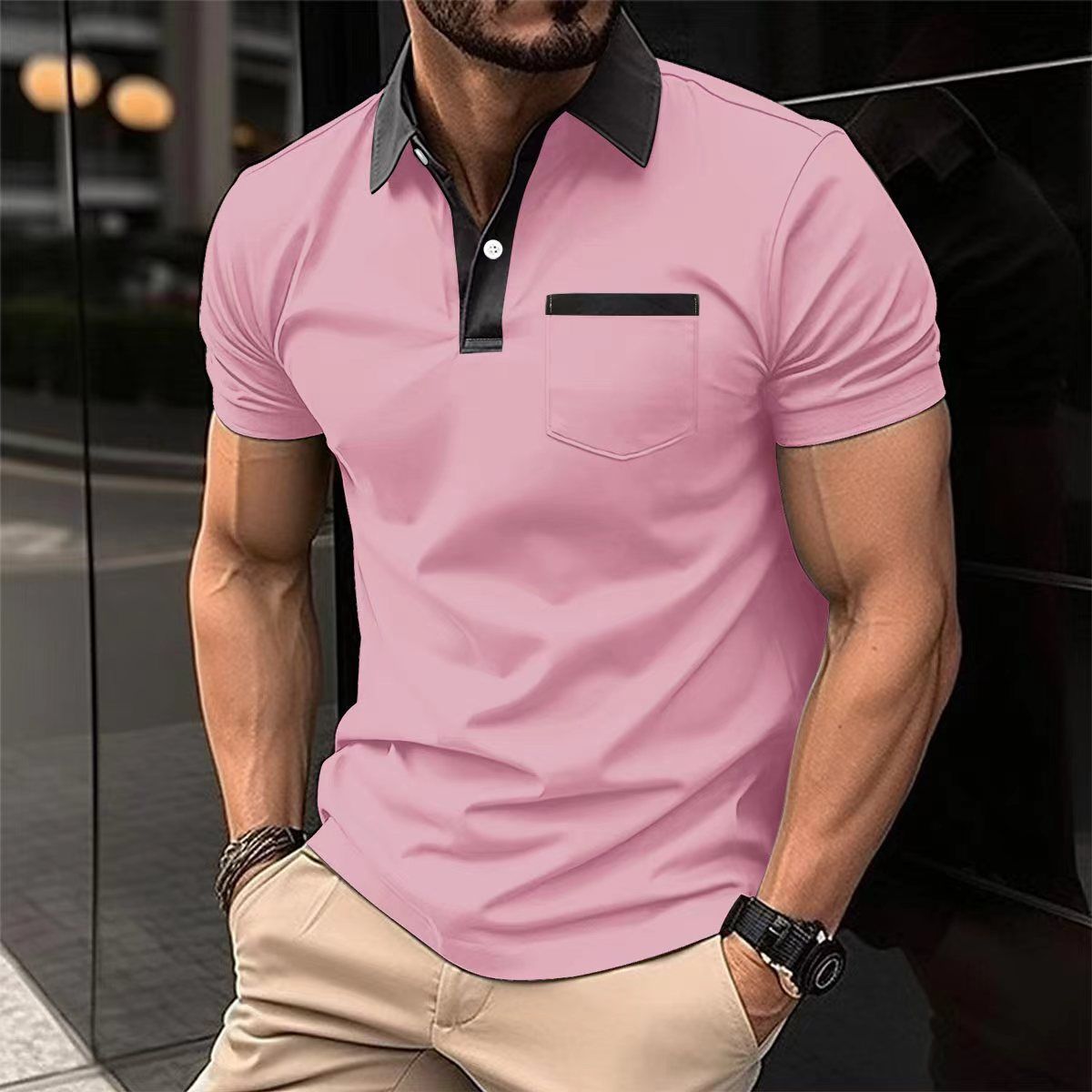 Summer new men's short-sleeved T-shirt lapel buckle spell ribbon pocket leisure polo shirt suitable for daily leisure commuting outdoor sports wear.
