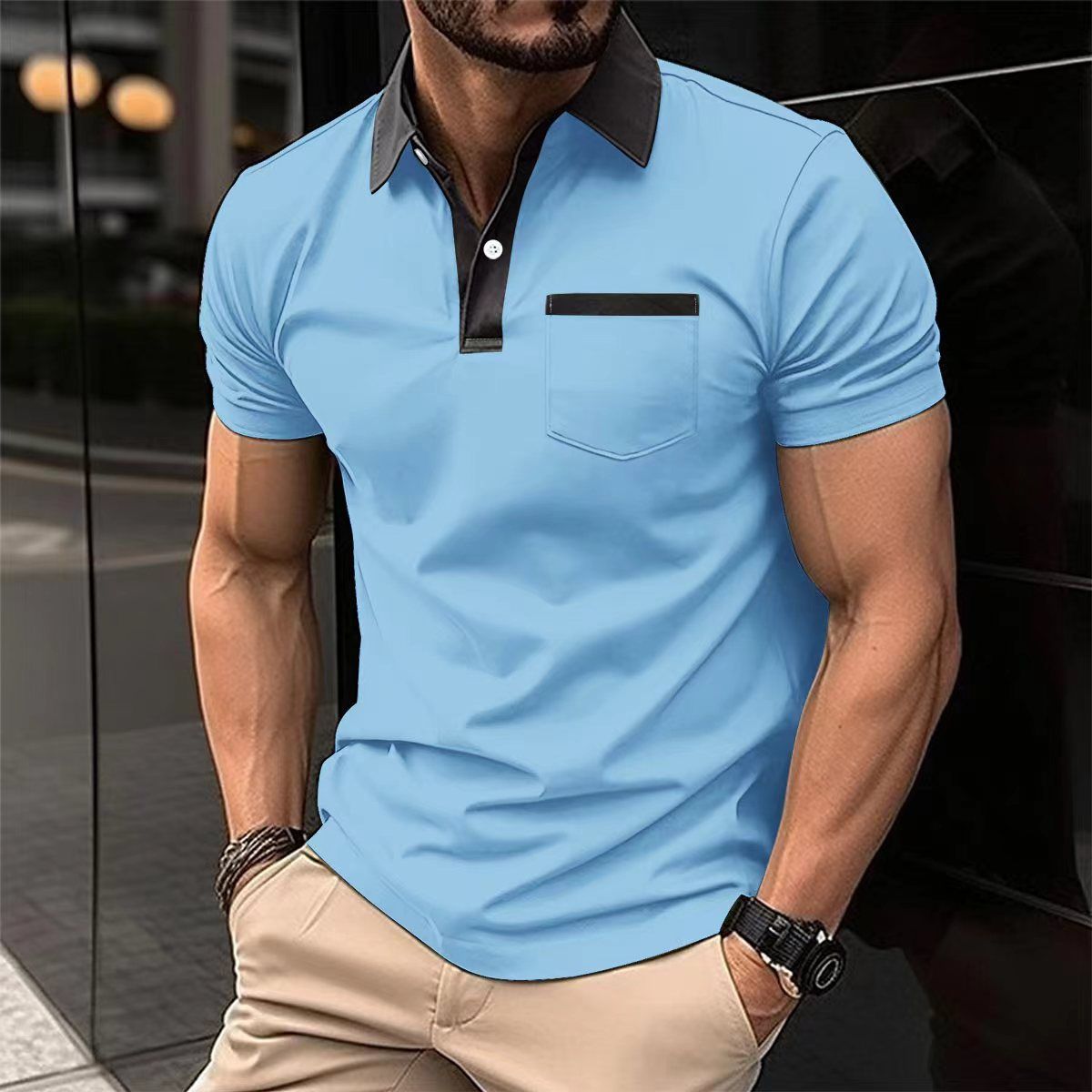 Summer new men's short-sleeved T-shirt lapel buckle spell ribbon pocket leisure polo shirt suitable for daily leisure commuting outdoor sports wear.