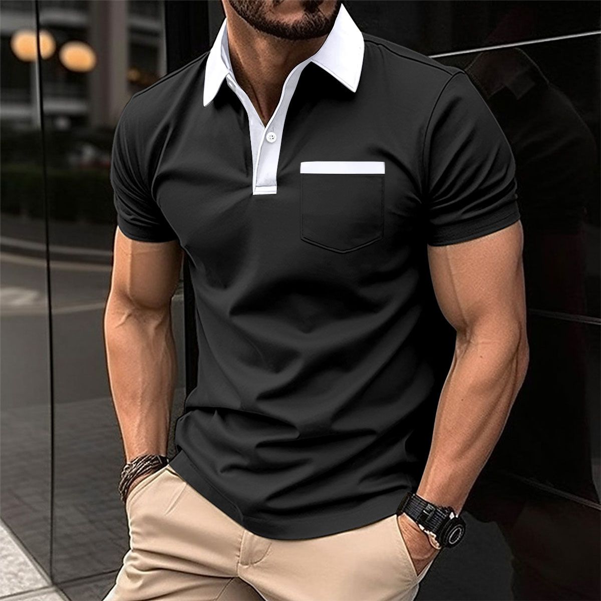 Summer new men's short-sleeved T-shirt lapel buckle spell ribbon pocket leisure polo shirt suitable for daily leisure commuting outdoor sports wear.
