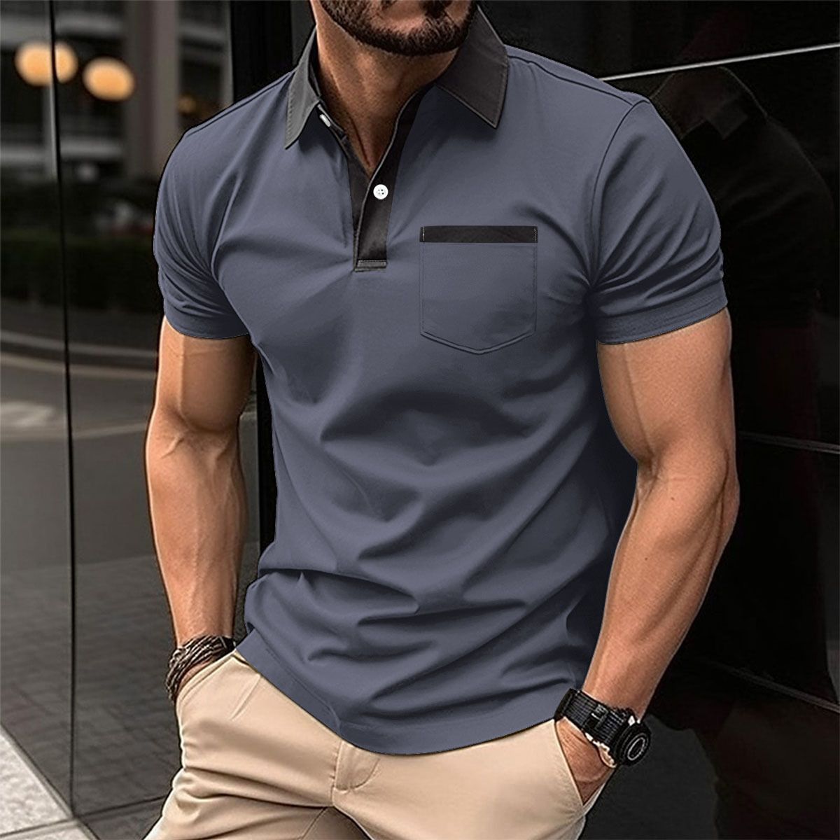 Summer new men's short-sleeved T-shirt lapel buckle spell ribbon pocket leisure polo shirt suitable for daily leisure commuting outdoor sports wear.