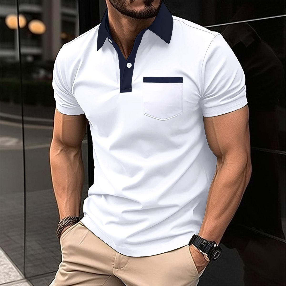 Summer new men's short-sleeved T-shirt lapel buckle spell ribbon pocket leisure polo shirt suitable for daily leisure commuting outdoor sports wear.