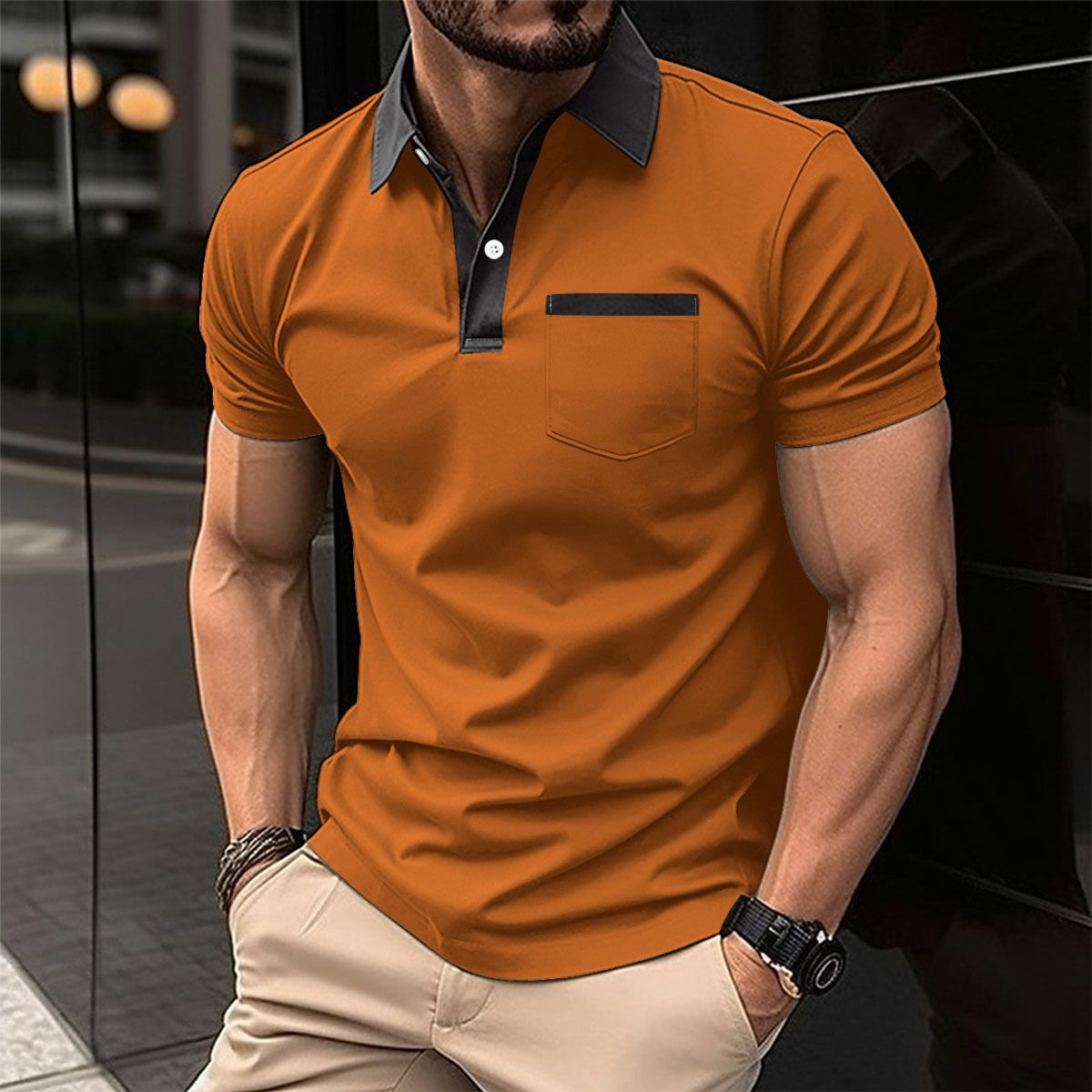 Summer new men's short-sleeved T-shirt lapel buckle spell ribbon pocket leisure polo shirt suitable for daily leisure commuting outdoor sports wear.