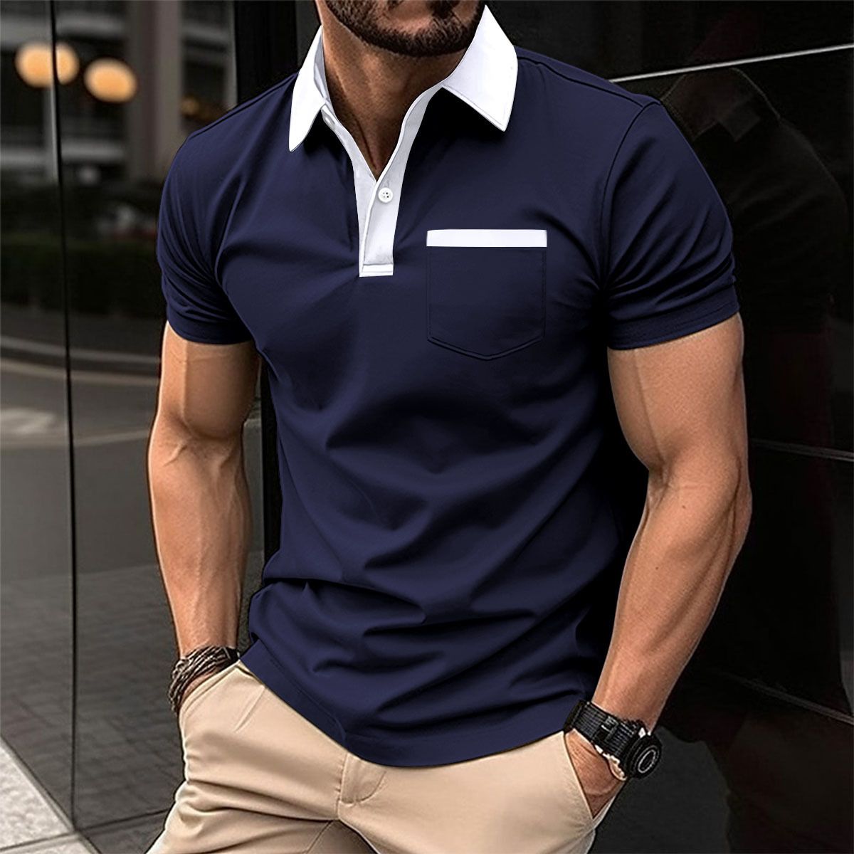 Summer new men's short-sleeved T-shirt lapel buckle spell ribbon pocket leisure polo shirt suitable for daily leisure commuting outdoor sports wear.