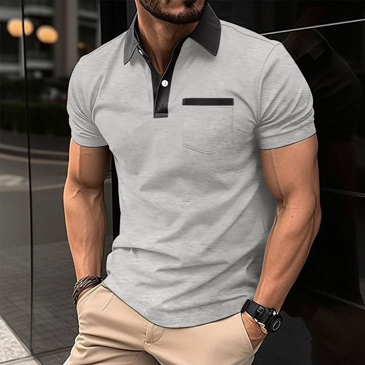 Summer new men's short-sleeved T-shirt lapel buckle spell ribbon pocket leisure polo shirt suitable for daily leisure commuting outdoor sports wear.