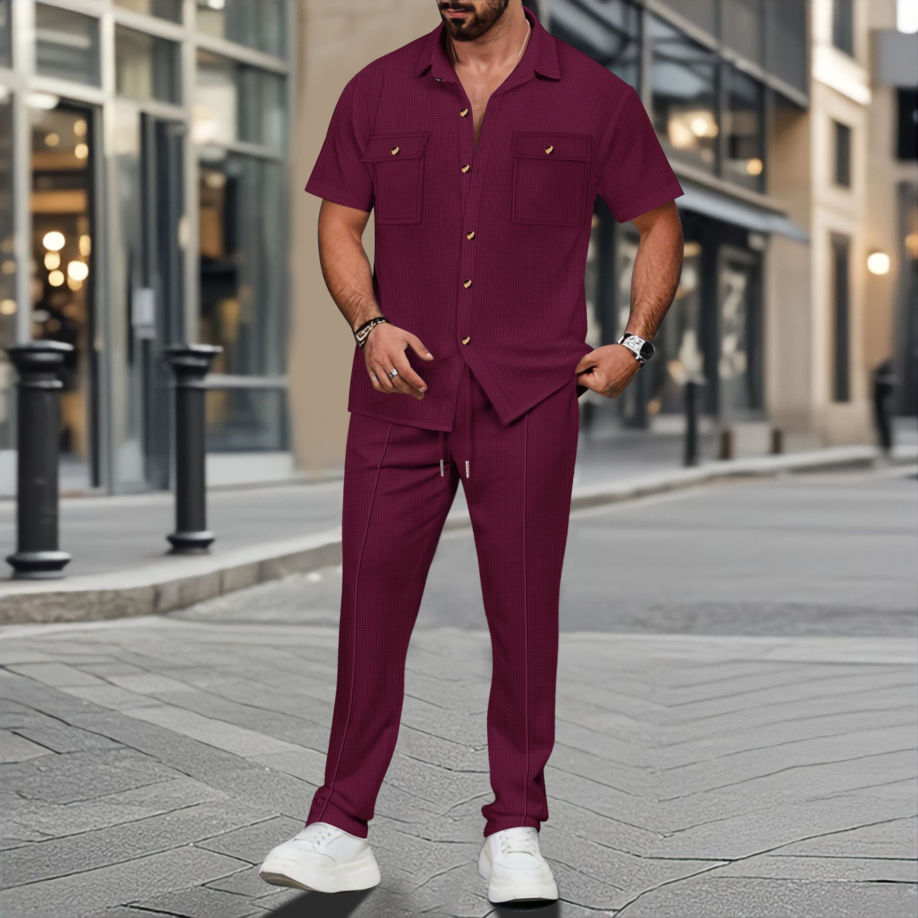 Summer new men's two-piece short sleeve lapel button pocket shirt jacket casual trousers men's suit is suitable for daily leisure commuting outdoor sports wear.