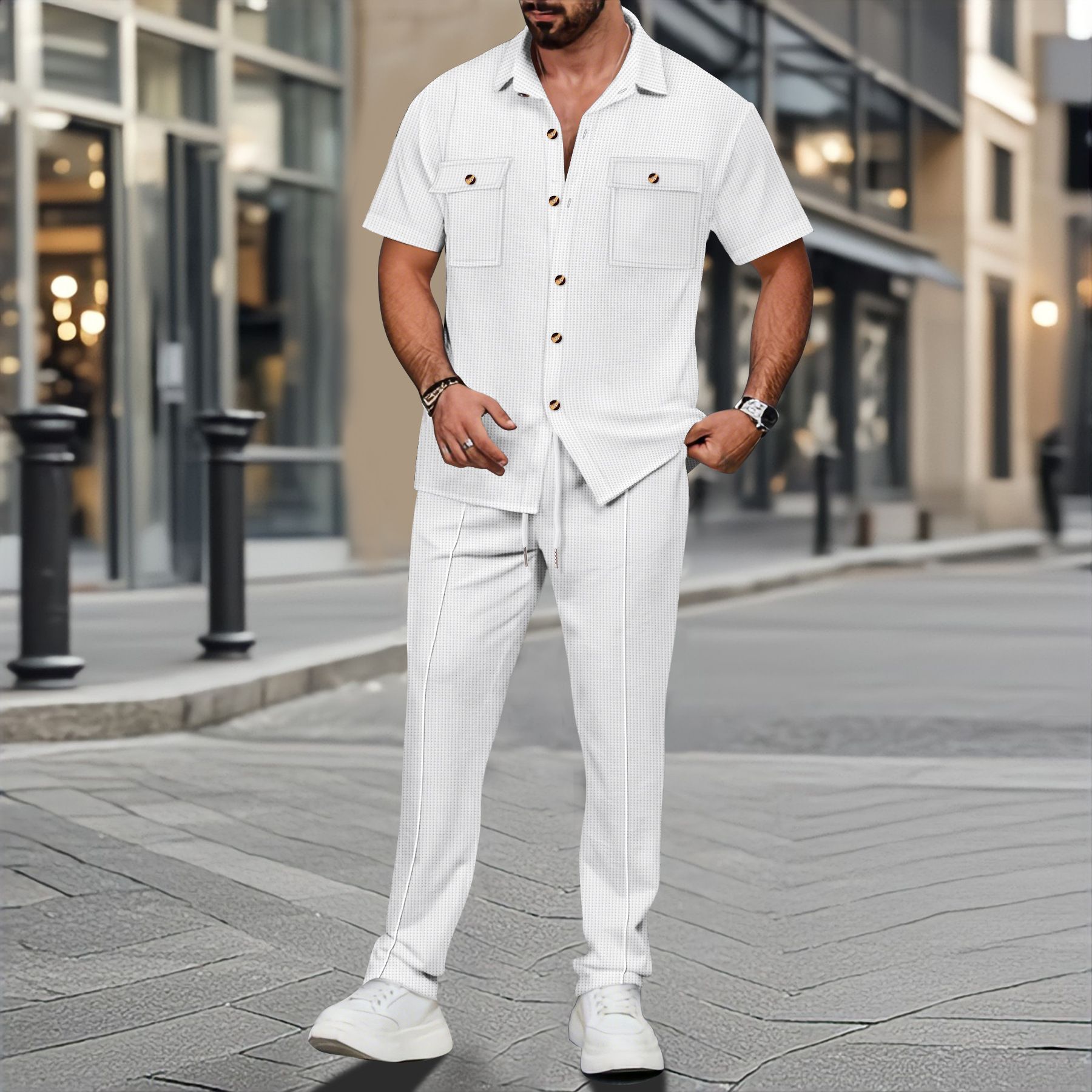 Summer new men's two-piece short sleeve lapel button pocket shirt jacket casual trousers men's suit is suitable for daily leisure commuting outdoor sports wear.