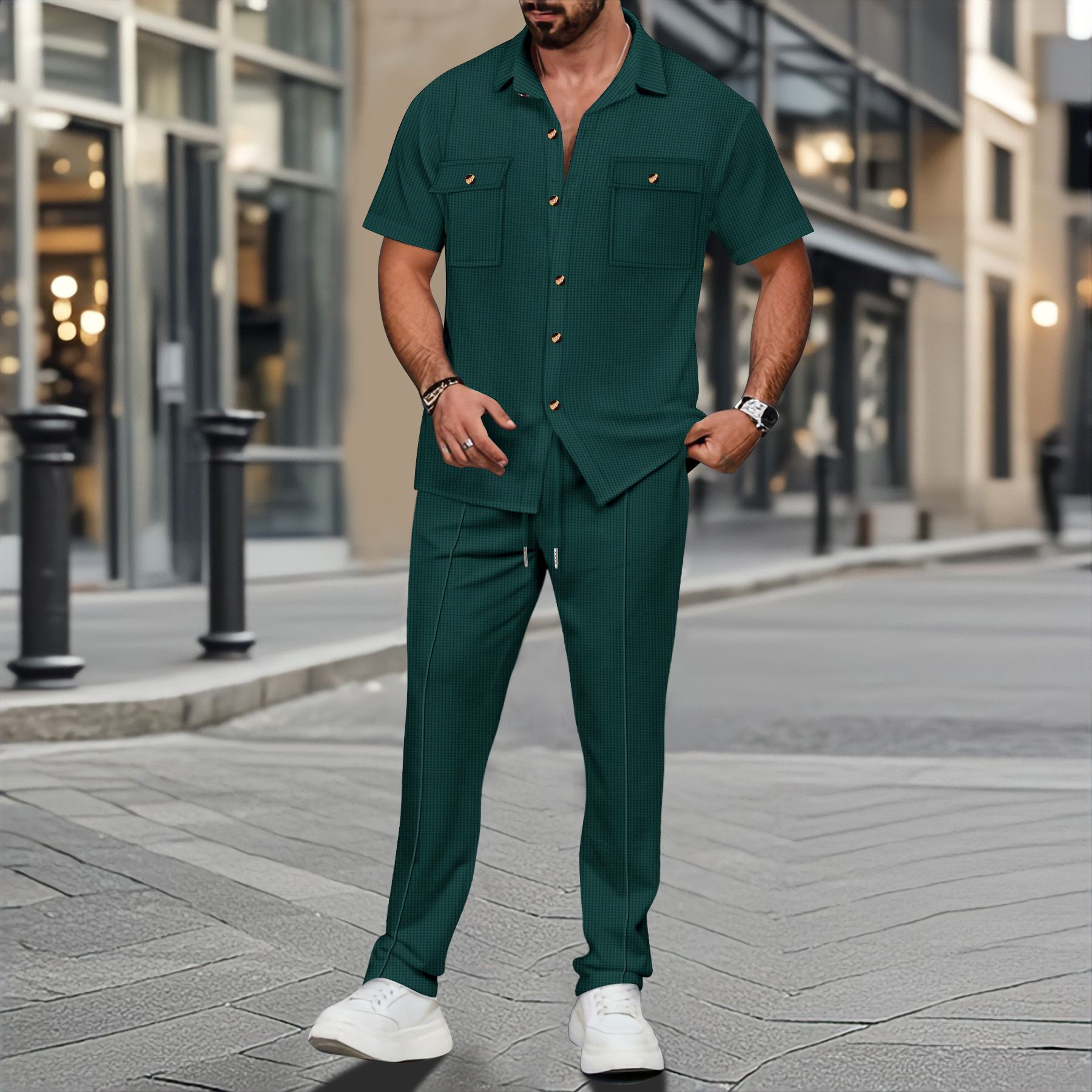 Summer new men's two-piece short sleeve lapel button pocket shirt jacket casual trousers men's suit is suitable for daily leisure commuting outdoor sports wear.
