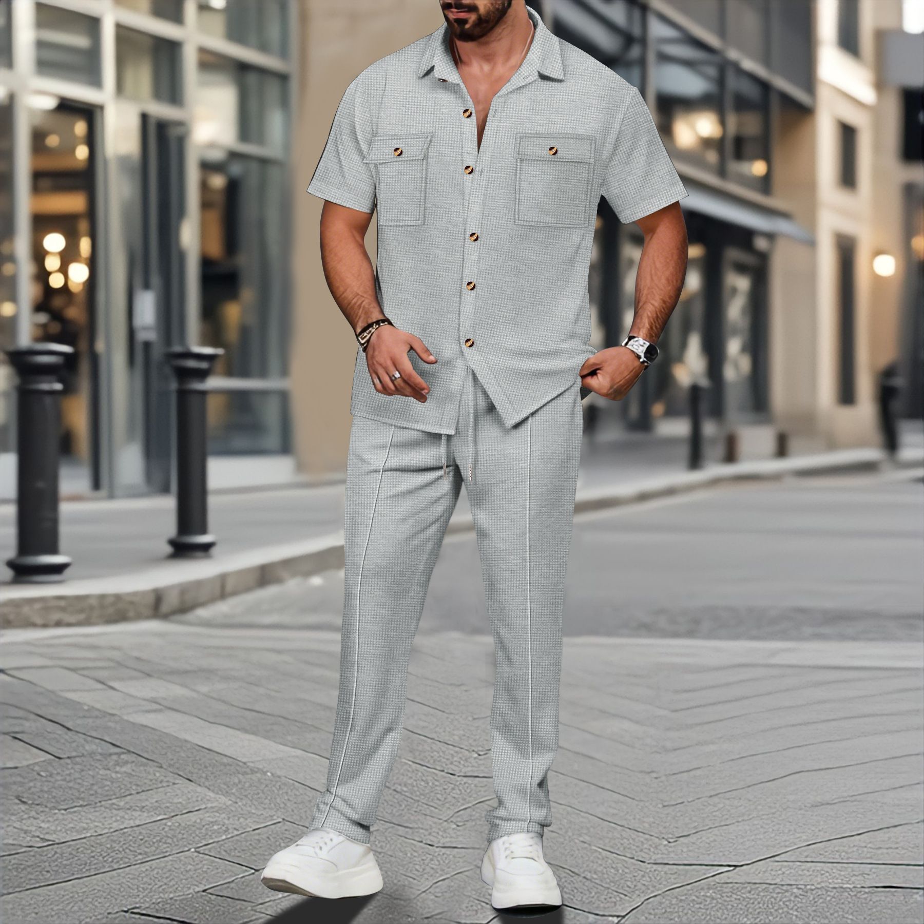 Summer new men's two-piece short sleeve lapel button pocket shirt jacket casual trousers men's suit is suitable for daily leisure commuting outdoor sports wear.