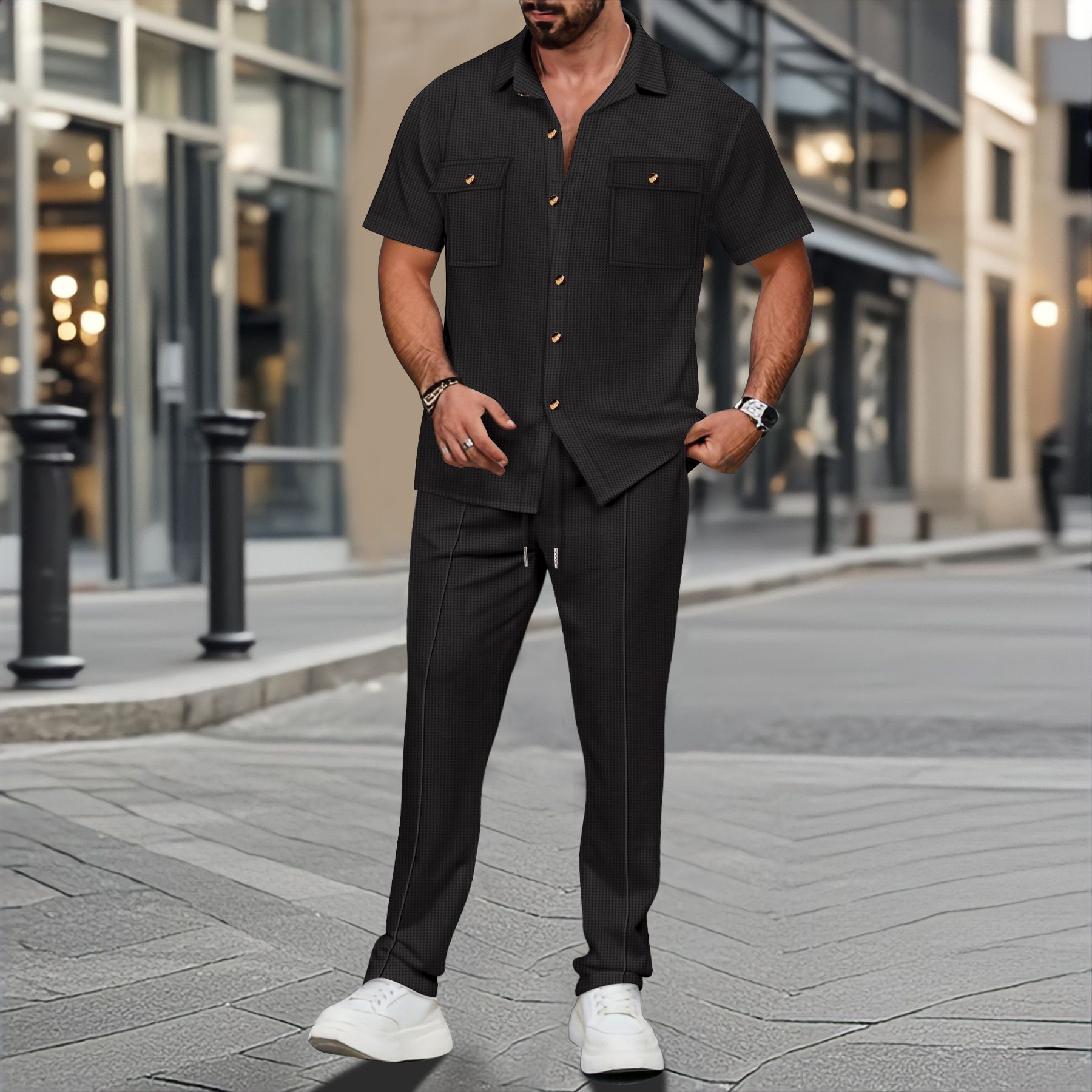 Summer new men's two-piece short sleeve lapel button pocket shirt jacket casual trousers men's suit is suitable for daily leisure commuting outdoor sports wear.