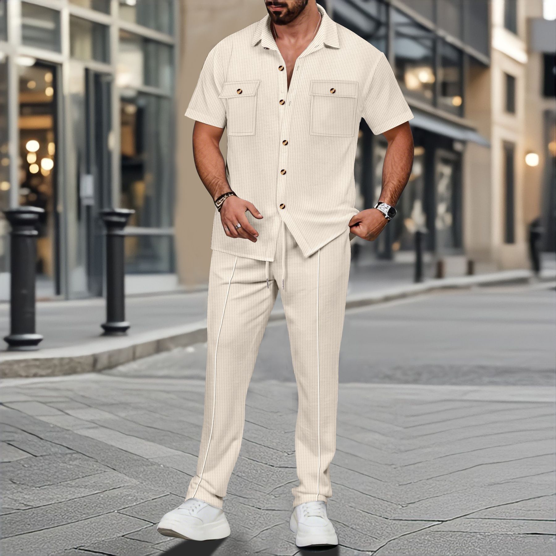 Summer new men's two-piece short sleeve lapel button pocket shirt jacket casual trousers men's suit is suitable for daily leisure commuting outdoor sports wear.