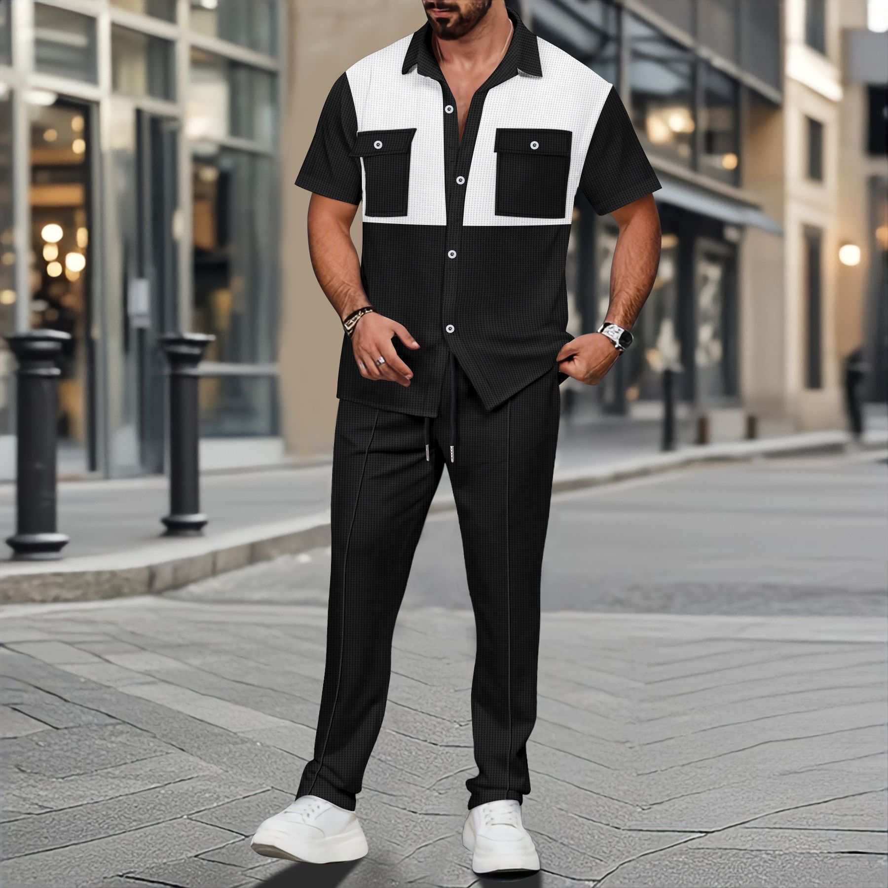 New men's two-piece color matching short-sleeved lapel button-down shirt casual trousers sports suit is suitable for daily leisure commuting outdoor sports wear.