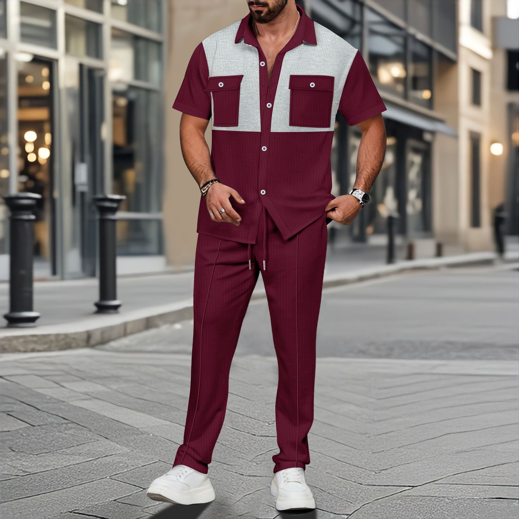 New men's two-piece color matching short-sleeved lapel button-down shirt casual trousers sports suit is suitable for daily leisure commuting outdoor sports wear.