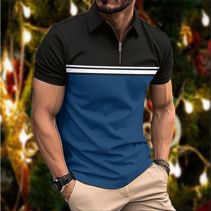 Summer new men's short sleeve T-shirt color matching lapel zipper men's casual polo shirt suitable for daily leisure commuting outdoor sports wear.