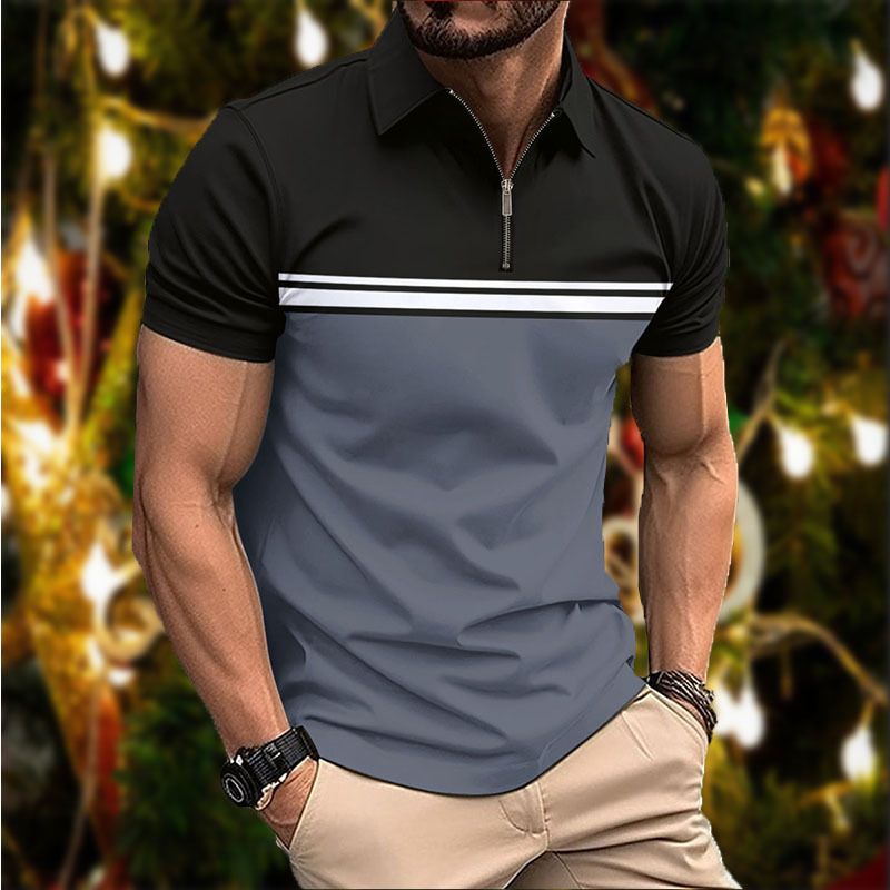 Summer new men's short sleeve T-shirt color matching lapel zipper men's casual polo shirt suitable for daily leisure commuting outdoor sports wear.
