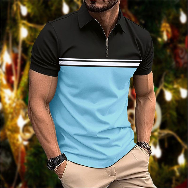 Summer new men's short sleeve T-shirt color matching lapel zipper men's casual polo shirt suitable for daily leisure commuting outdoor sports wear.
