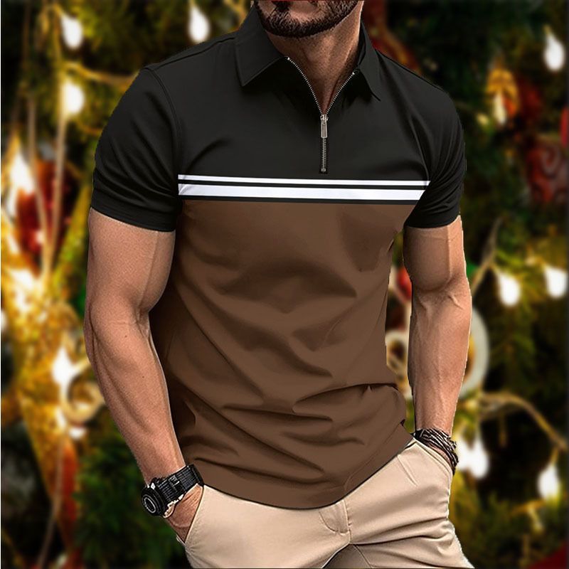 Summer new men's short sleeve T-shirt color matching lapel zipper men's casual polo shirt suitable for daily leisure commuting outdoor sports wear.