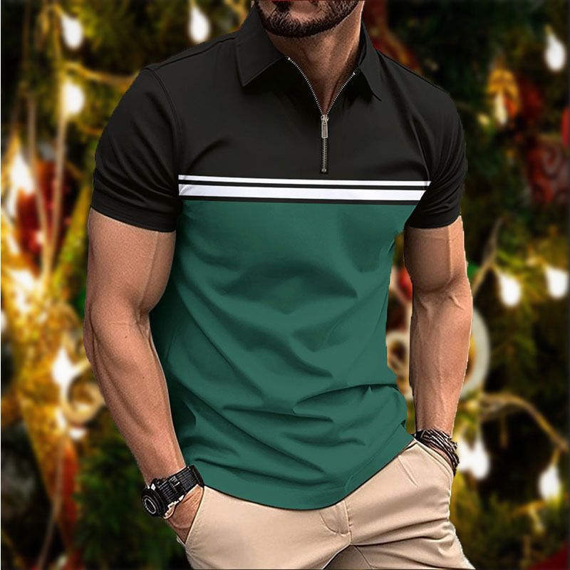 Summer new men's short sleeve T-shirt color matching lapel zipper men's casual polo shirt suitable for daily leisure commuting outdoor sports wear.