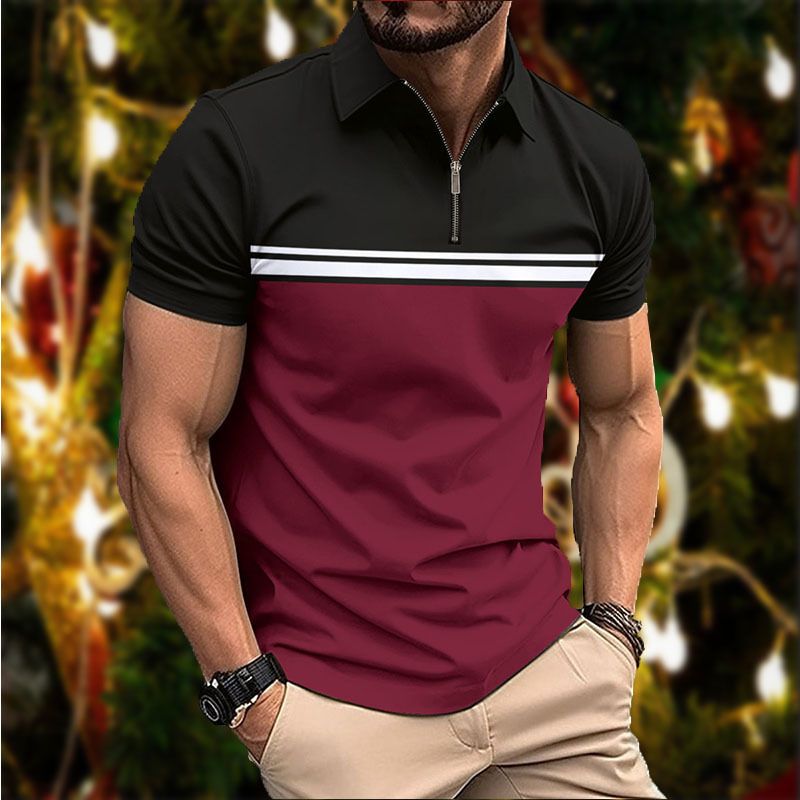 Summer new men's short sleeve T-shirt color matching lapel zipper men's casual polo shirt suitable for daily leisure commuting outdoor sports wear.