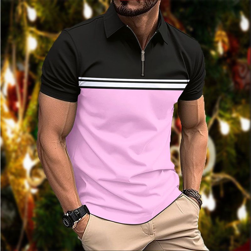 Summer new men's short sleeve T-shirt color matching lapel zipper men's casual polo shirt suitable for daily leisure commuting outdoor sports wear.