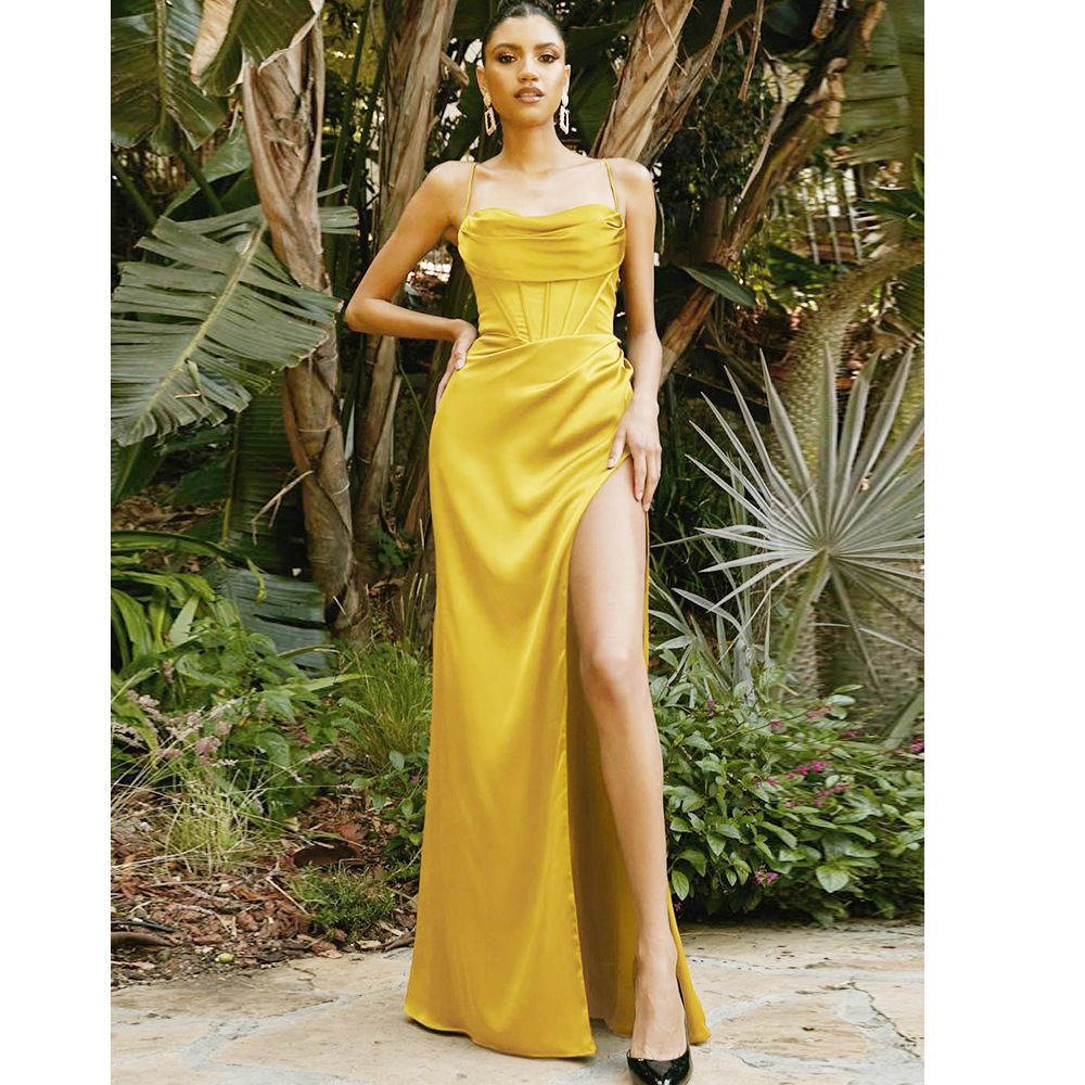 Summer new women's dress solid color suspender strapless strap high waist slit long dress slim dress suitable for daily leisure commuting party dinner.