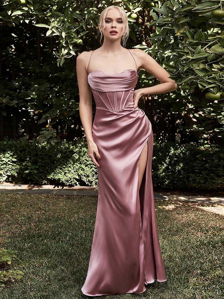 Summer new women's dress solid color suspender strapless strap high waist slit long dress slim dress suitable for daily leisure commuting party dinner.
