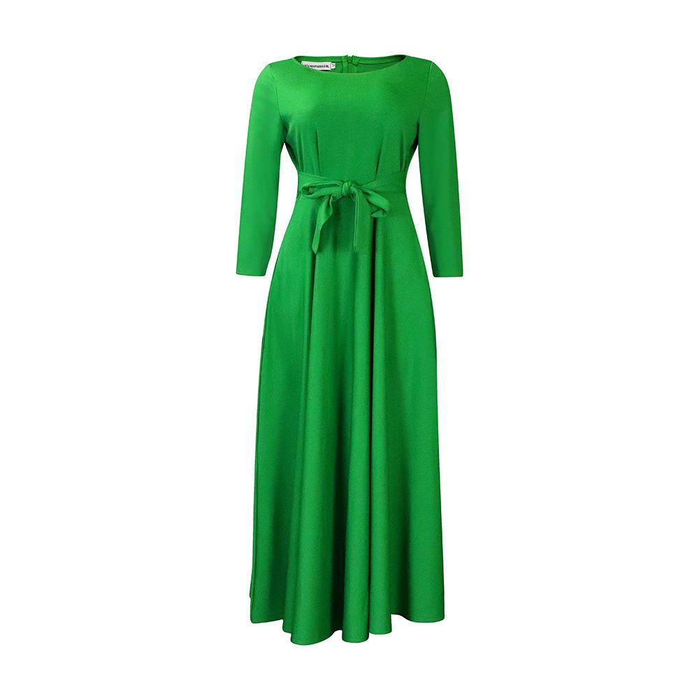 New women's dresses in summer are fashionable, solid and elegant, with round neck in sleeves, waist tie and big skirt. Long dresses are suitable for daily leisure parties, office commuting.
