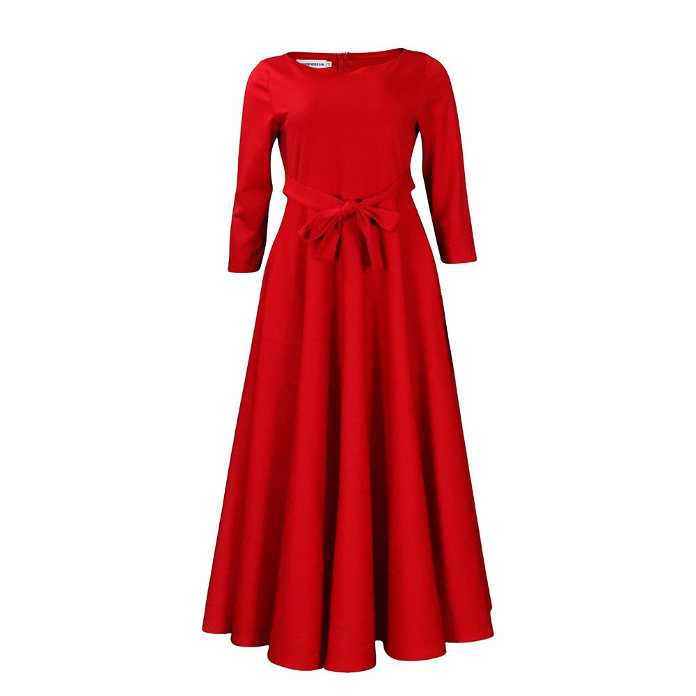 New women's dresses in summer are fashionable, solid and elegant, with round neck in sleeves, waist tie and big skirt. Long dresses are suitable for daily leisure parties, office commuting.
