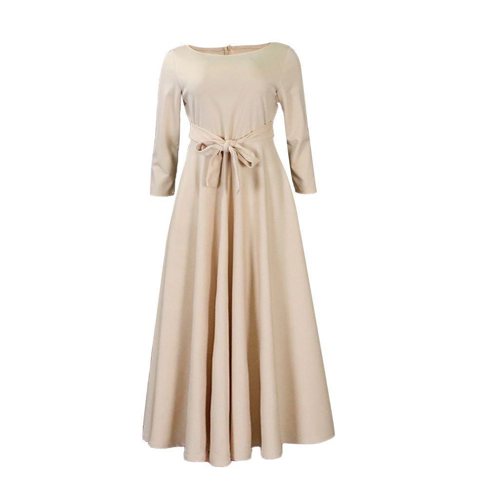 New women's dresses in summer are fashionable, solid and elegant, with round neck in sleeves, waist tie and big skirt. Long dresses are suitable for daily leisure parties, office commuting.