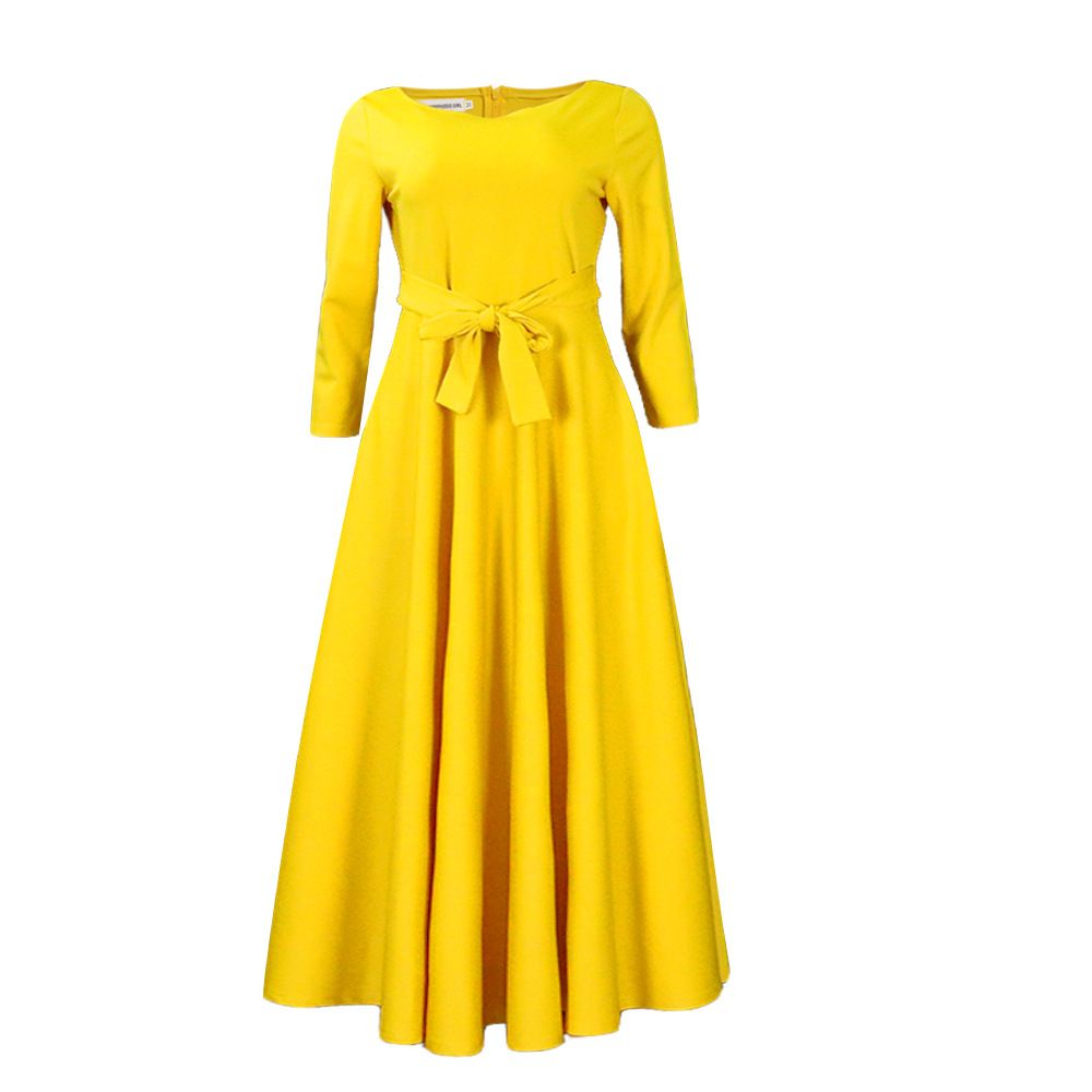 New women's dresses in summer are fashionable, solid and elegant, with round neck in sleeves, waist tie and big skirt. Long dresses are suitable for daily leisure parties, office commuting.