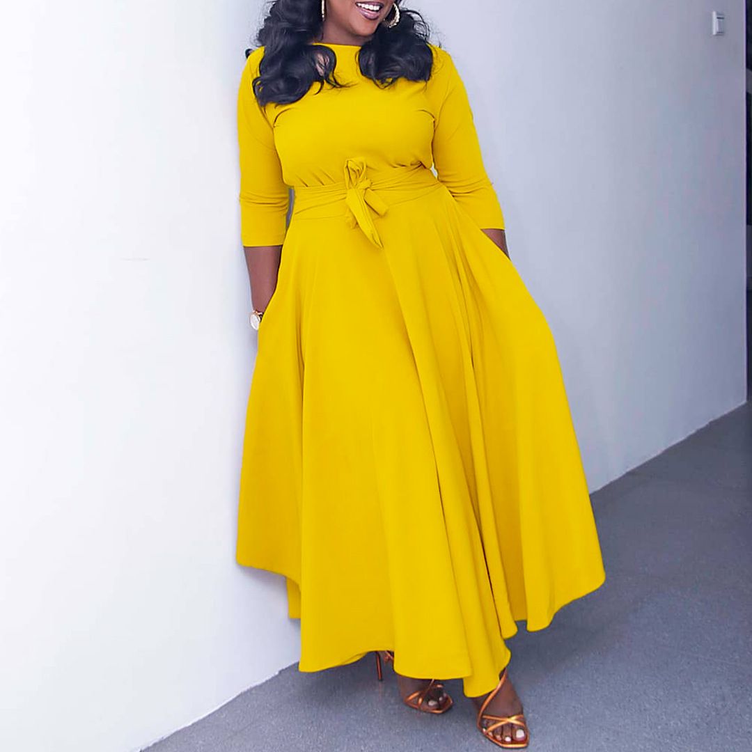 New women's dresses in summer are fashionable, solid and elegant, with round neck in sleeves, waist tie and big skirt. Long dresses are suitable for daily leisure parties, office commuting.