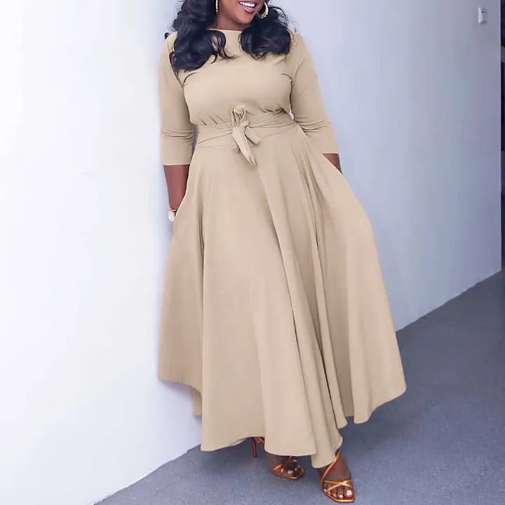 New women's dresses in summer are fashionable, solid and elegant, with round neck in sleeves, waist tie and big skirt. Long dresses are suitable for daily leisure parties, office commuting.