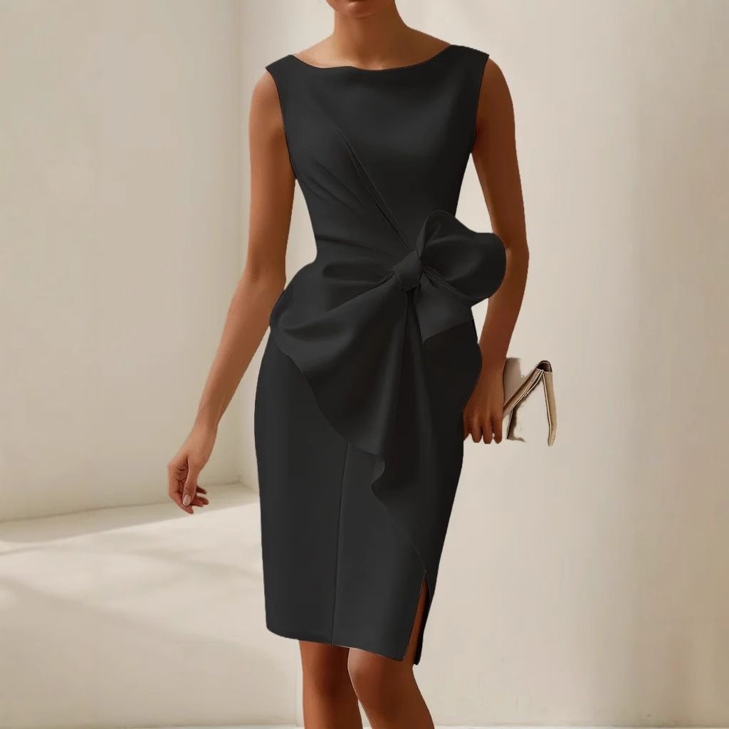 In summer, the new women's dress is fashionable, solid color, sleeveless one-neck bow, waist-closed and split, and the long dress is suitable for daily leisure commuting party and dinner.