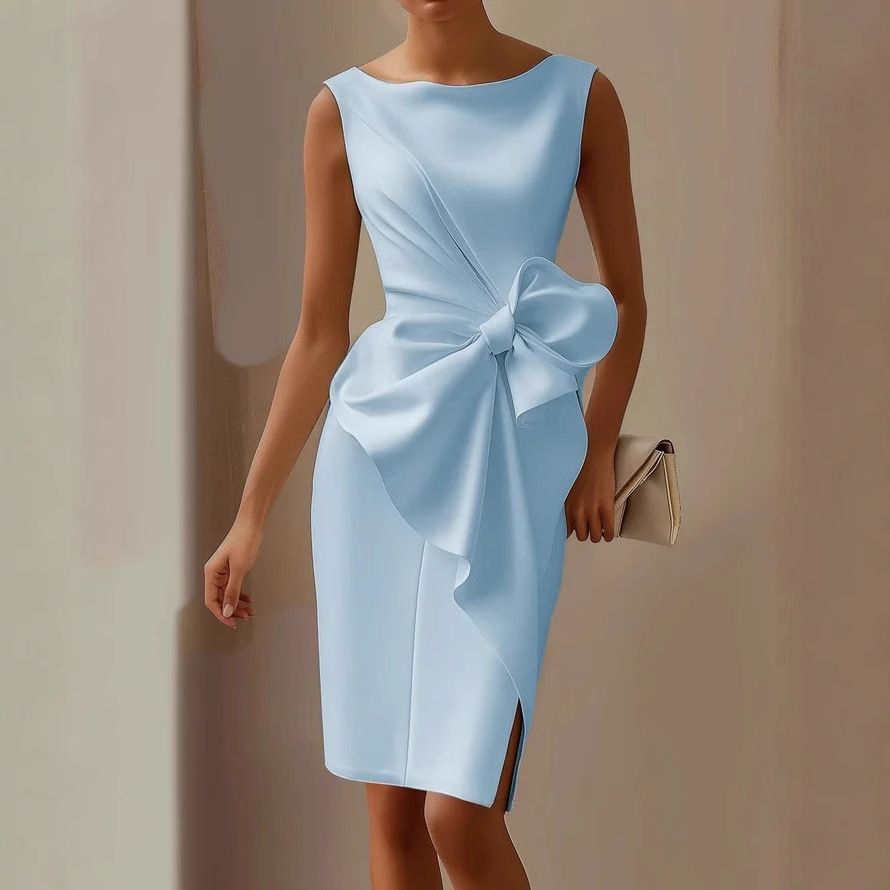 In summer, the new women's dress is fashionable, solid color, sleeveless one-neck bow, waist-closed and split, and the long dress is suitable for daily leisure commuting party and dinner.