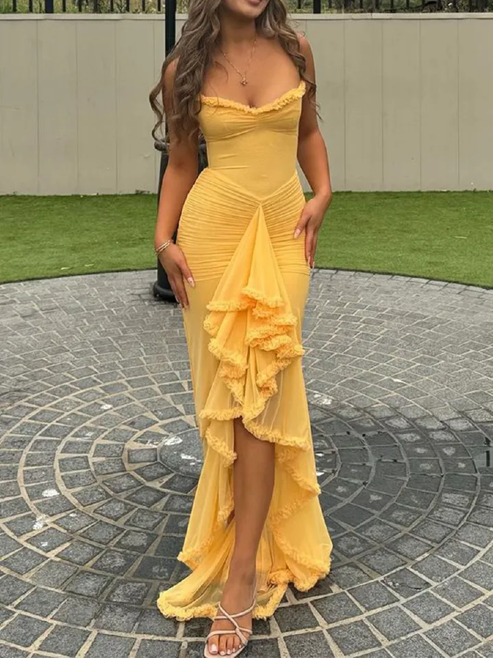 Summer new women's dress fashion solid color mesh sleeveless sling fold slim irregular long dress suitable for daily leisure party commuting dinner.